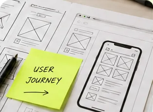 Skici prototypu webu a lepicí lístek User journey
