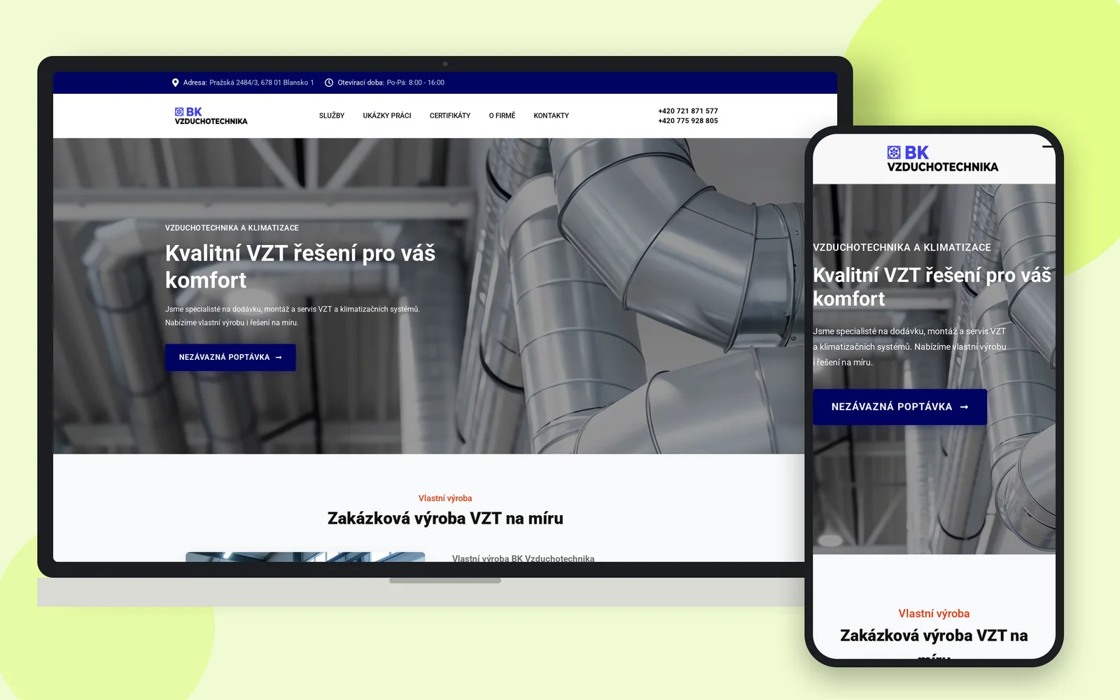 Web BK Vzduchotechnika na notebooku a smartphonu