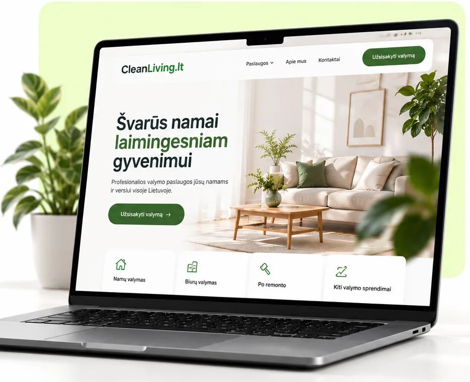 Náhled webu CleanLiving.lt s úklidovými službami na notebooku