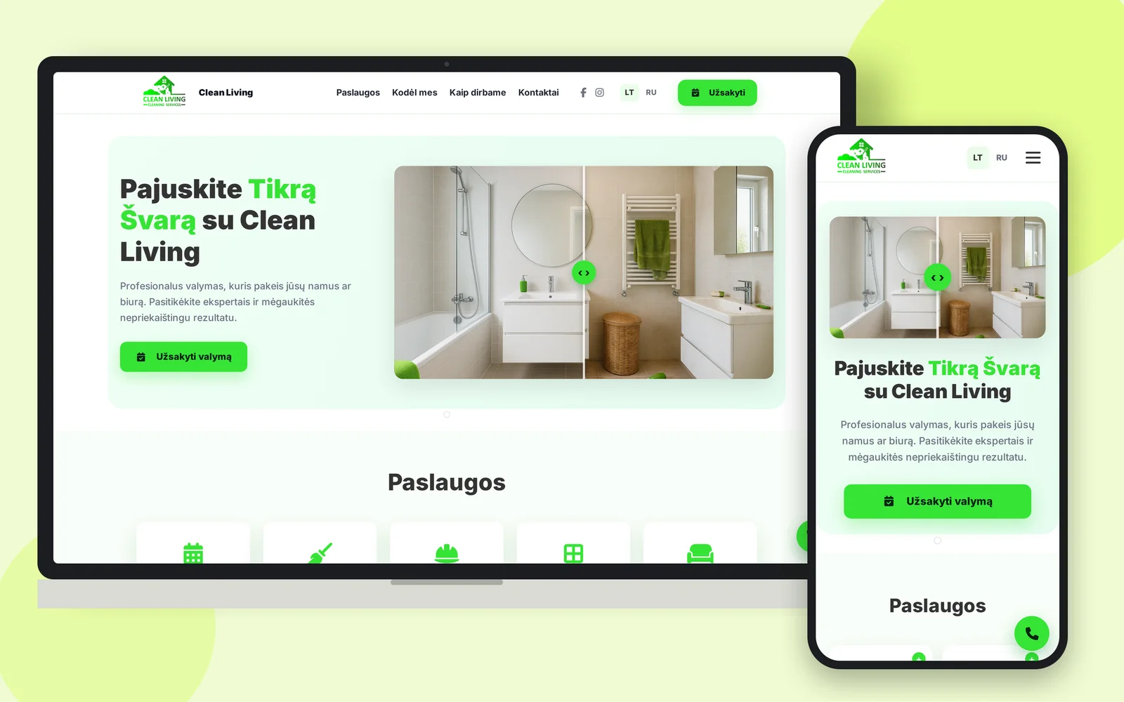 Web CleanLiving.lt na notebooku a smartphonu