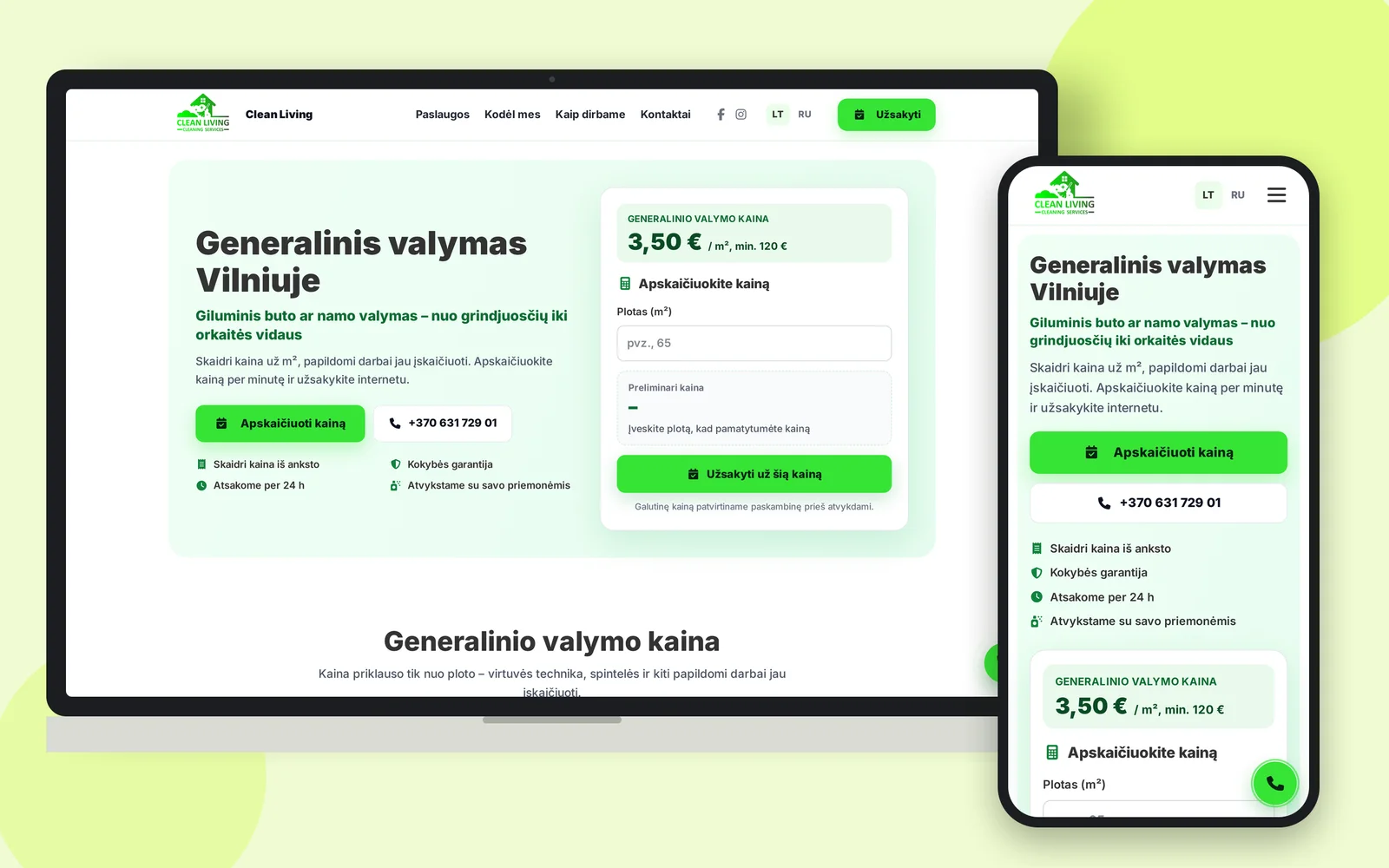 Stránka generálního úklidu s kalkulačkou ceny