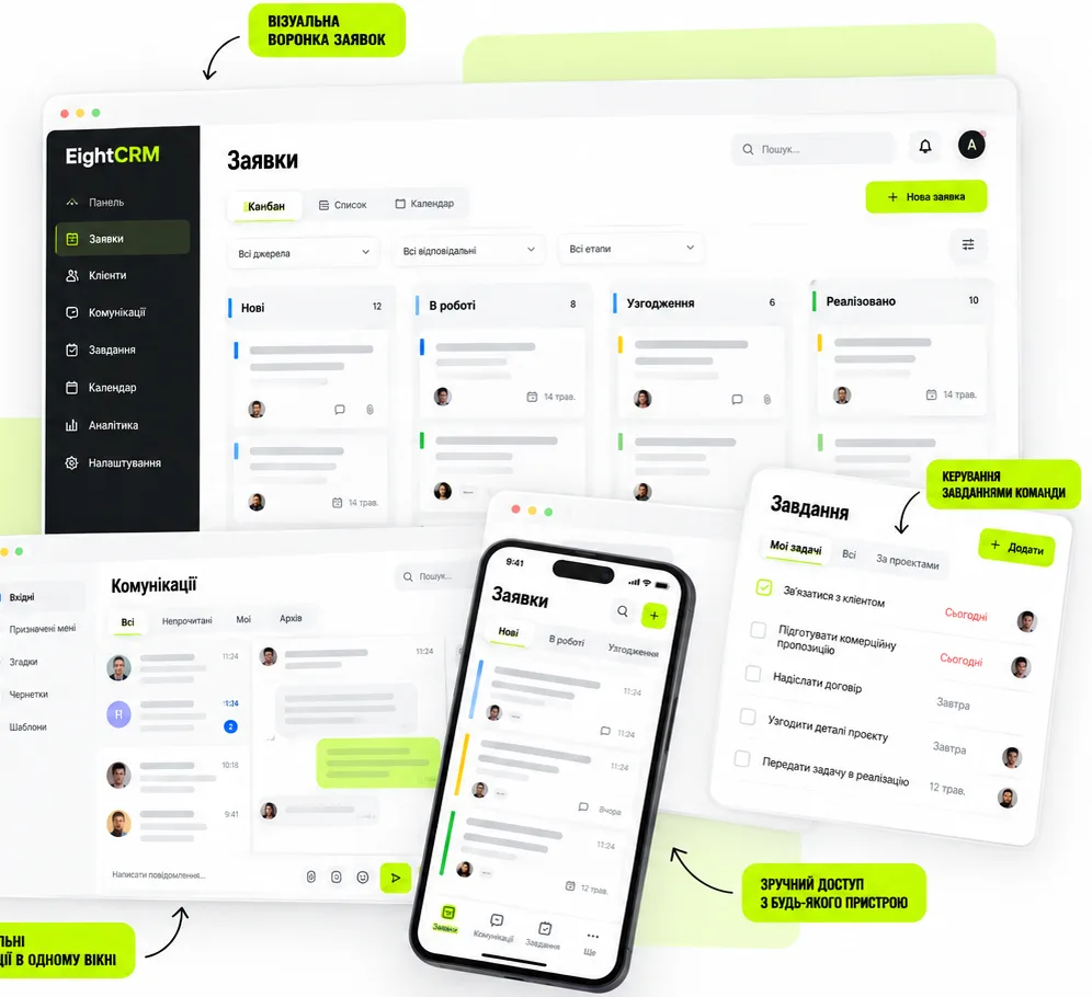 Rozhraní EightCRM: trychtýř poptávek, komunikace, úkoly a mobilní verze