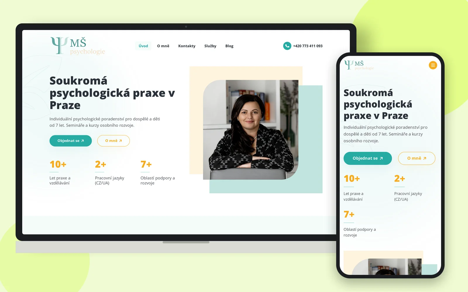 Web psycholožky Mar’jany Šehdy na notebooku a smartphonu
