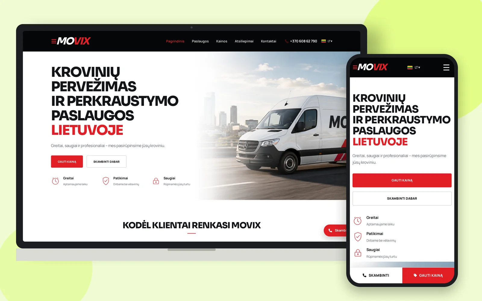 Web Movix o nákladní přepravě na notebooku a smartphonu
