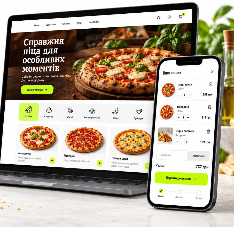 Web pizzerie s menu a košíkem na notebooku a smartphonu