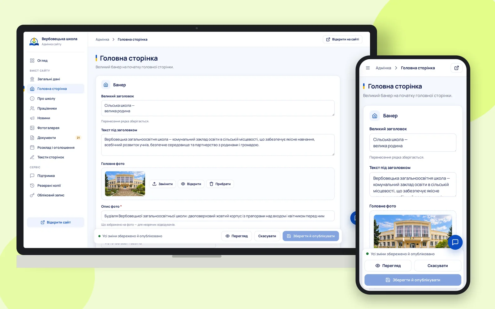 Editor úvodní stránky v administraci na notebooku a smartphonu