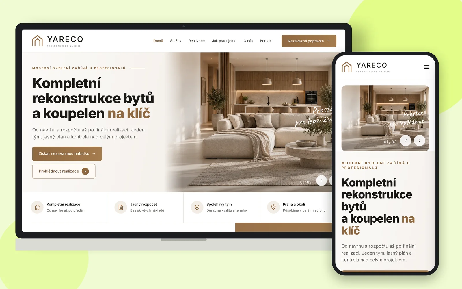 Web Yareco o rekonstrukcích bytů a koupelen na notebooku a smartphonu