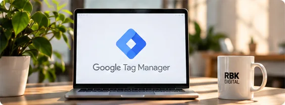 Notebook s logem Google Tag Manager na obrazovce