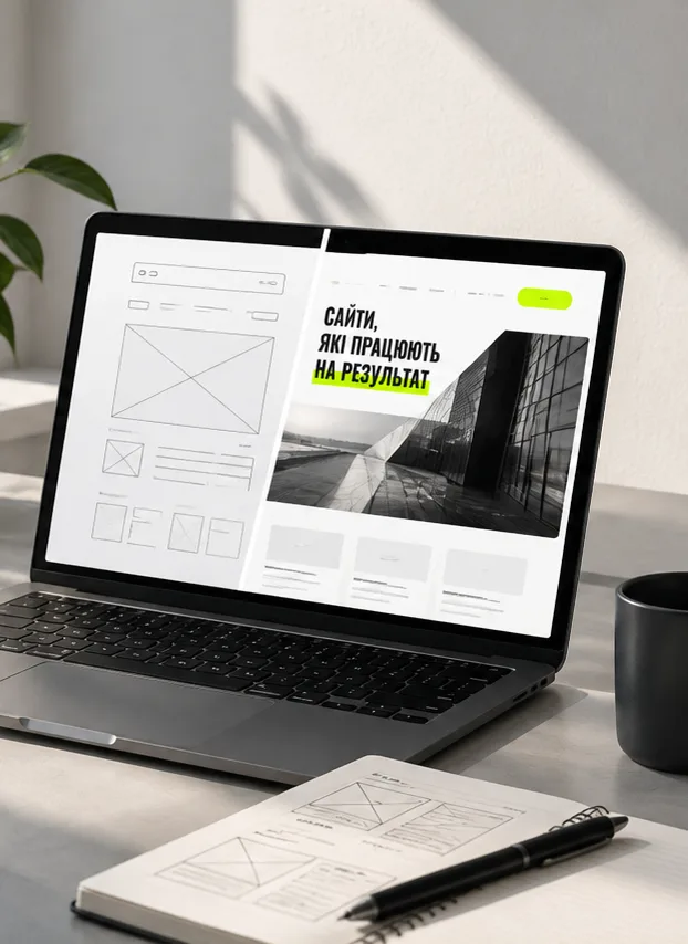 Notebook s návrhem webu a blok se skicami