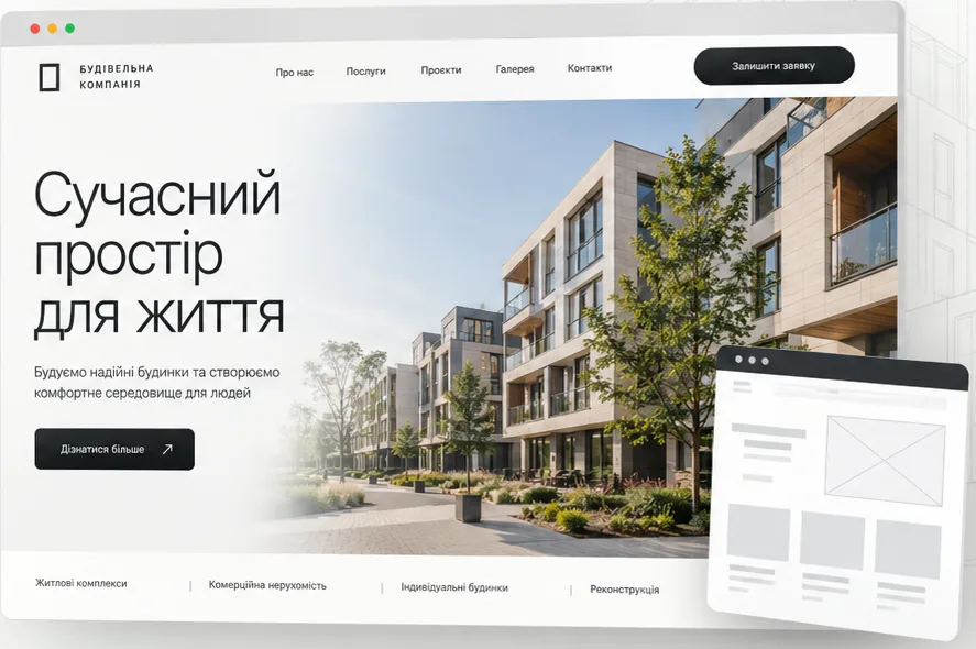 Návrh webu stavební firmy v prohlížeči a wireframe stránky