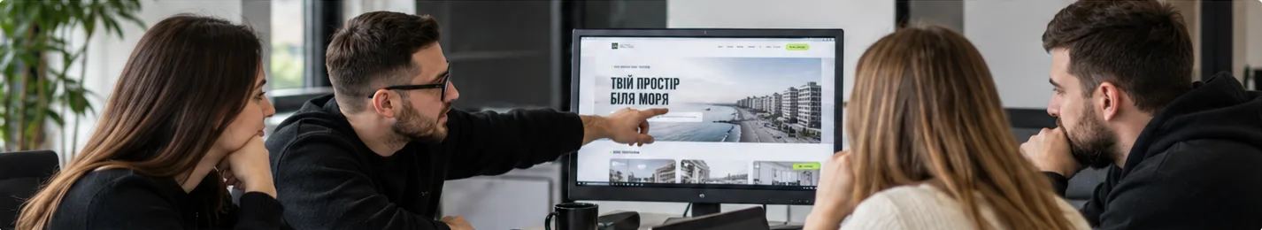Tým probírá návrh webu na monitoru