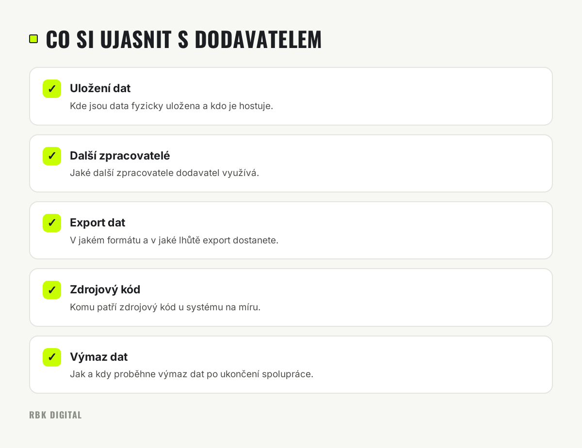 Kontrolní seznam pěti bodů, které je třeba smluvně vyjasnit s dodavatelem CRM ohledně dat a kódu.