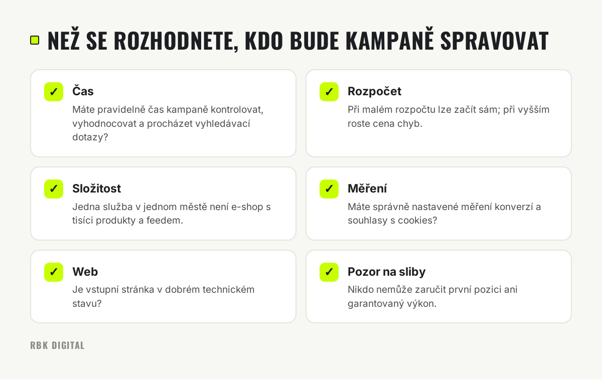 Kontrolní seznam šesti otázek pro rozhodnutí, zda spravovat Google Ads sám, nebo se specialistou.