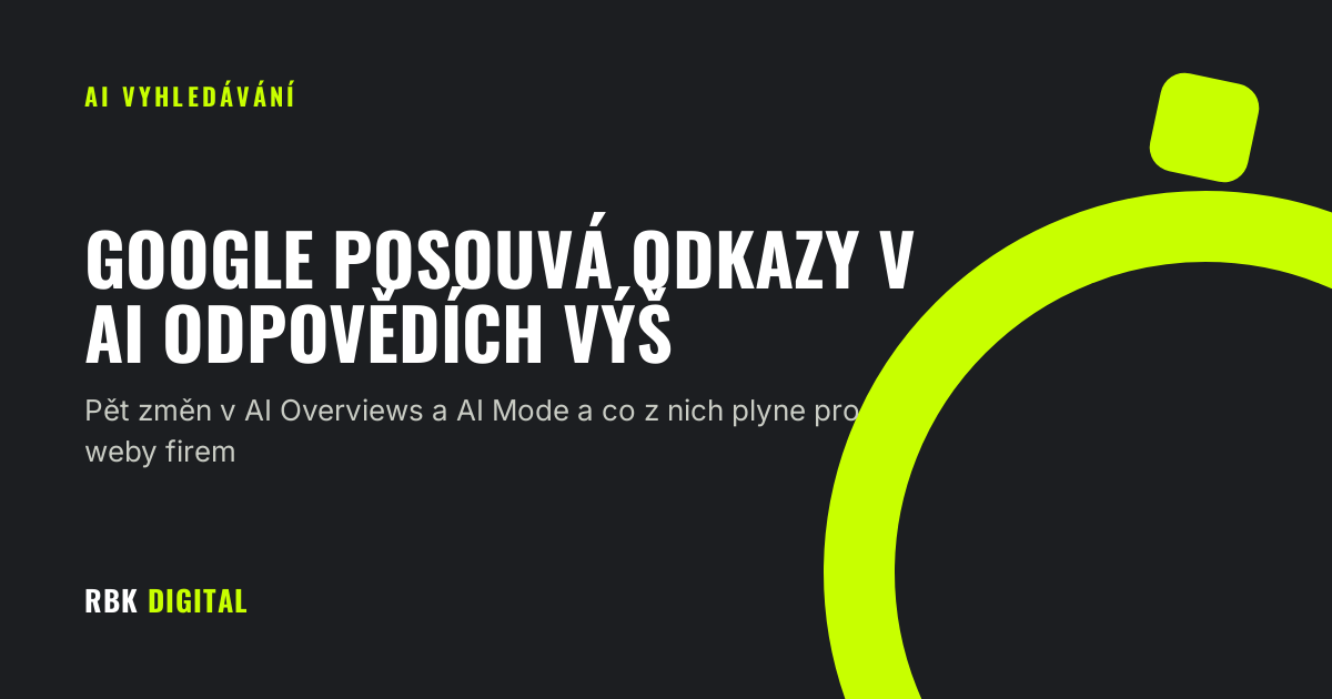 Titulní karta RBK Digital se štítkem „AI vyhledávání“ a nadpisem „Google posouvá odkazy v AI odpovědích výš“