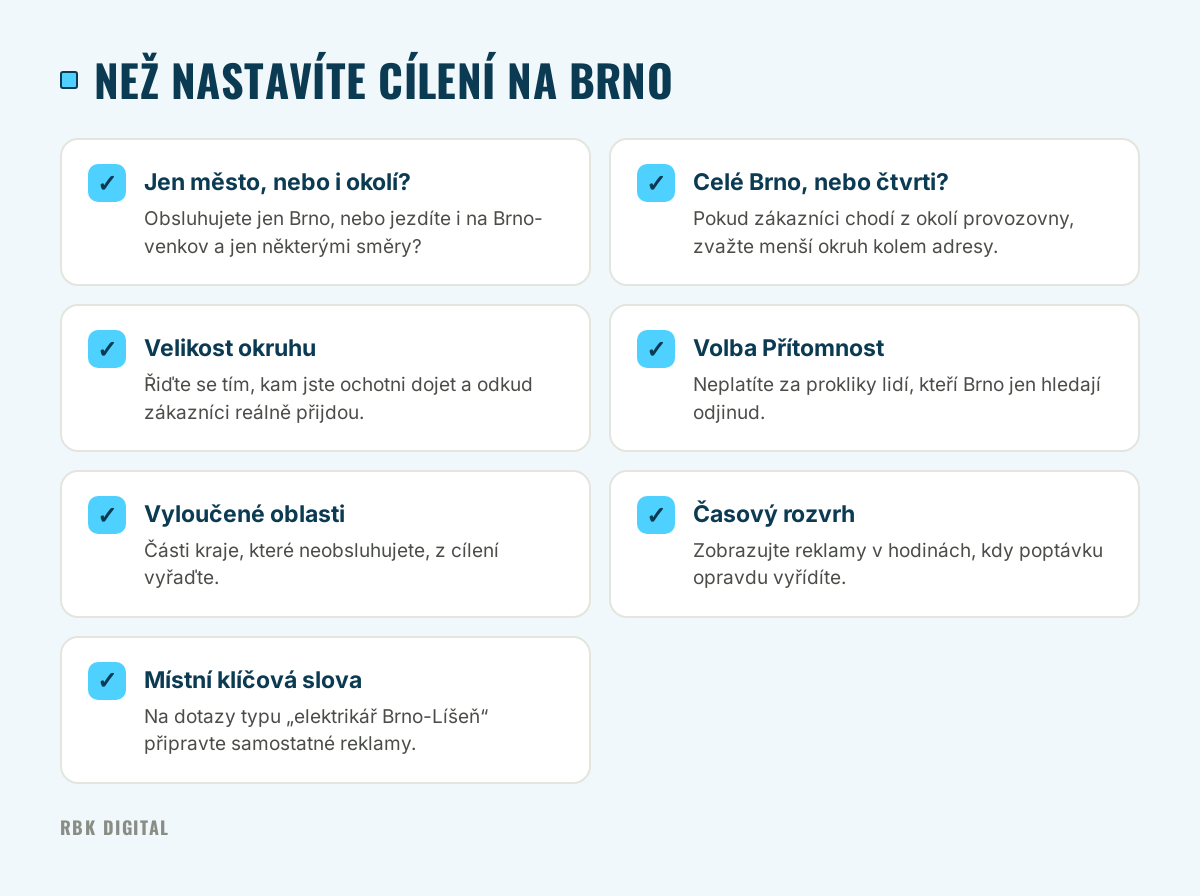 Kontrolní seznam sedmi bodů pro nastavení cílení reklamy Google Ads na Brno a okolí.