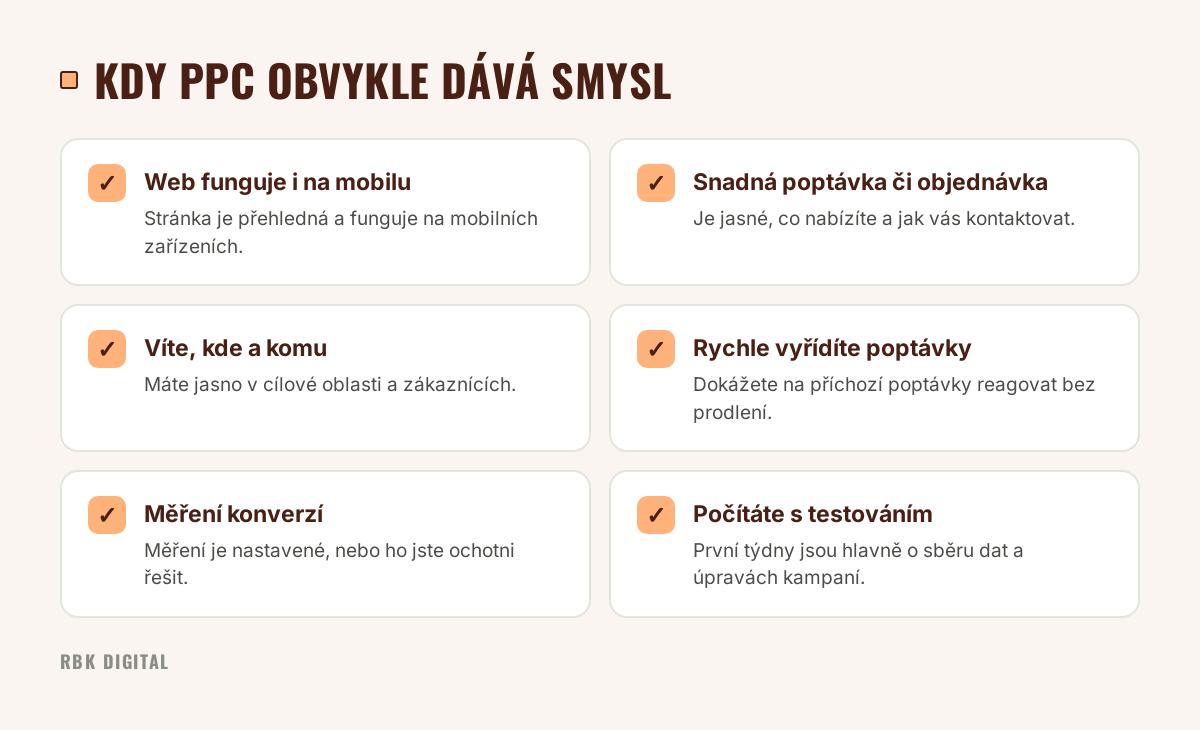 Kontrolní seznam šesti podmínek, kdy PPC reklama obvykle dává smysl, od funkčního webu po počítání s fází testování.