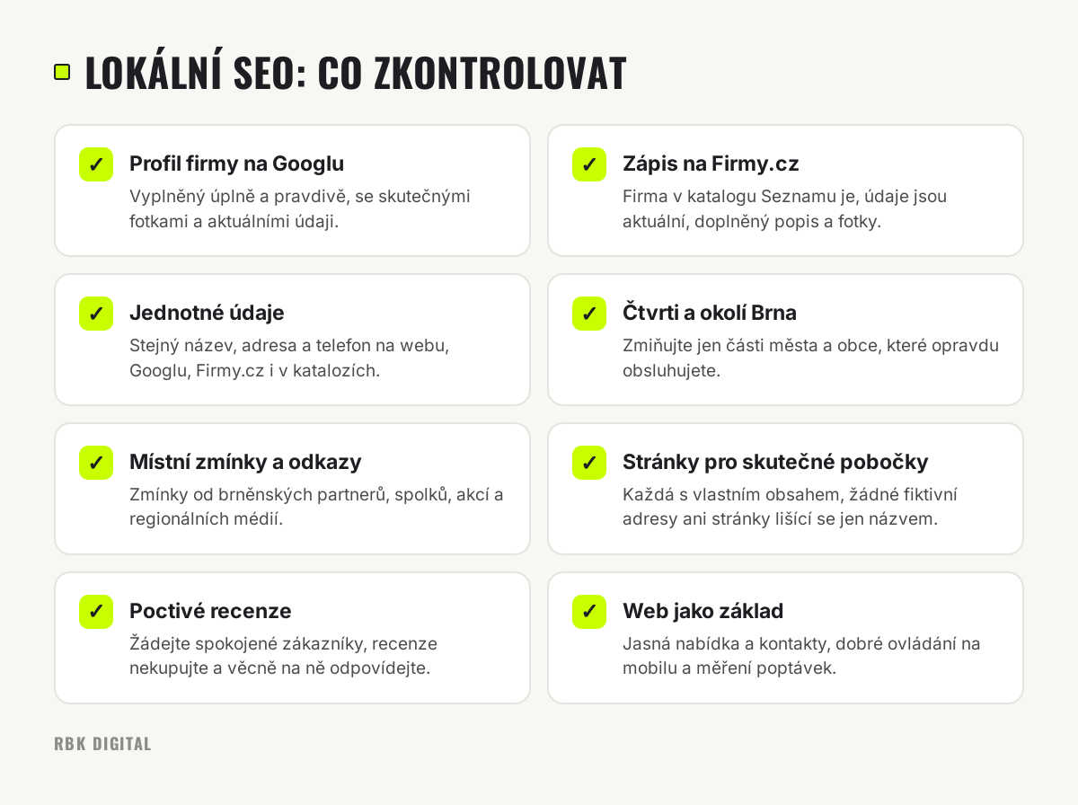 Checklist osmi bodů lokálního SEO pro brněnskou firmu, od profilu na Googlu po měření poptávek na webu.
