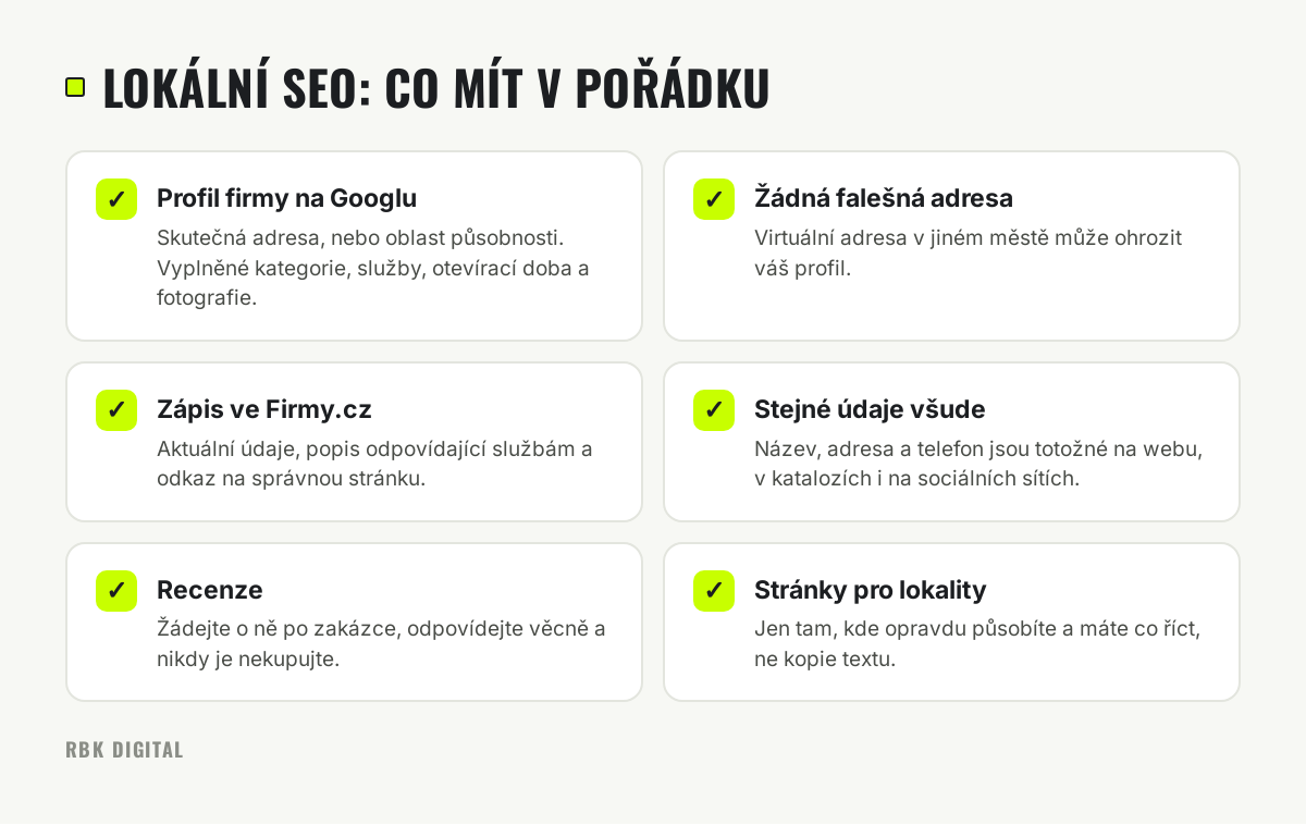 Kontrolní seznam lokálního SEO: Profil firmy na Googlu, bez falešné adresy, Firmy.cz, jednotné údaje, recenze a stránky pro lokality.