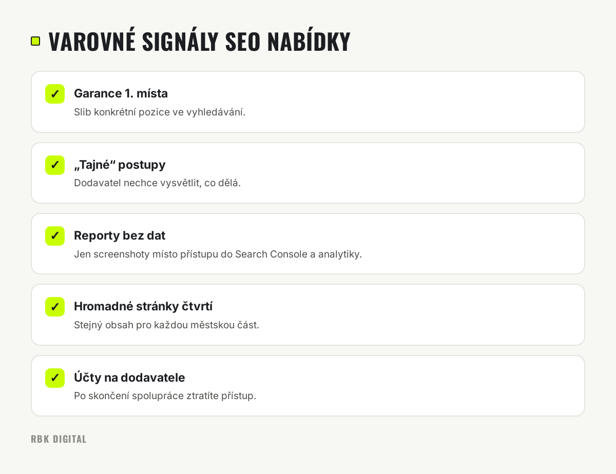 Kontrolní seznam pěti varovných signálů špatné SEO nabídky.