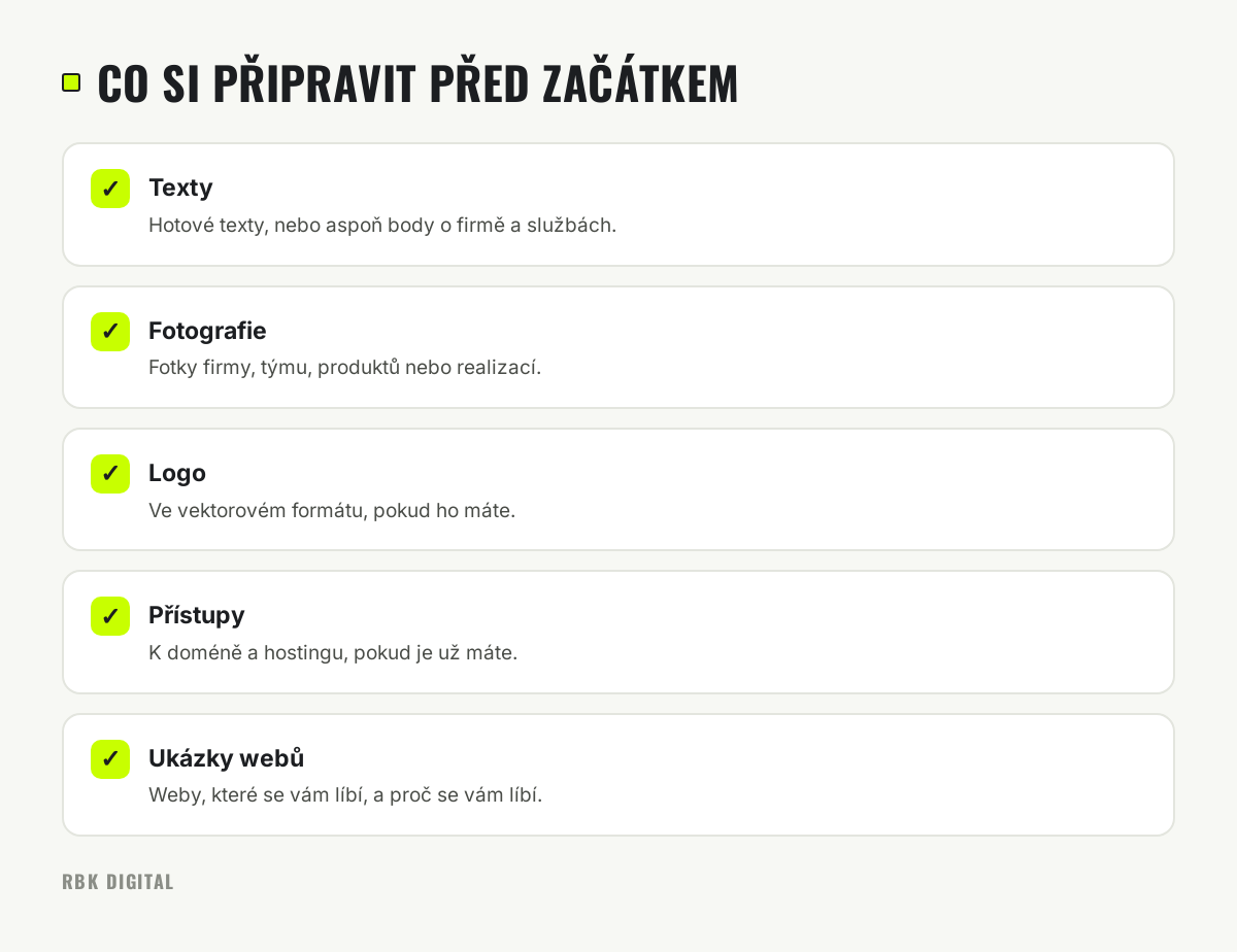 Kontrolní seznam podkladů před tvorbou webu: texty, fotografie, logo, přístupy k doméně a hostingu a ukázky oblíbených webů.