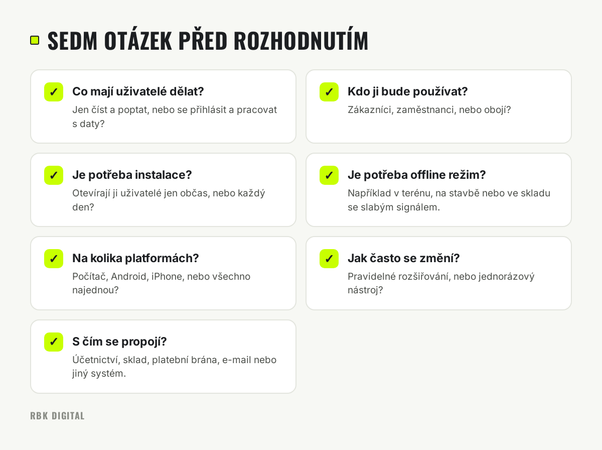 Kontrolní seznam sedmi otázek, které si má firma zodpovědět před volbou mezi webem, webovou a mobilní aplikací.