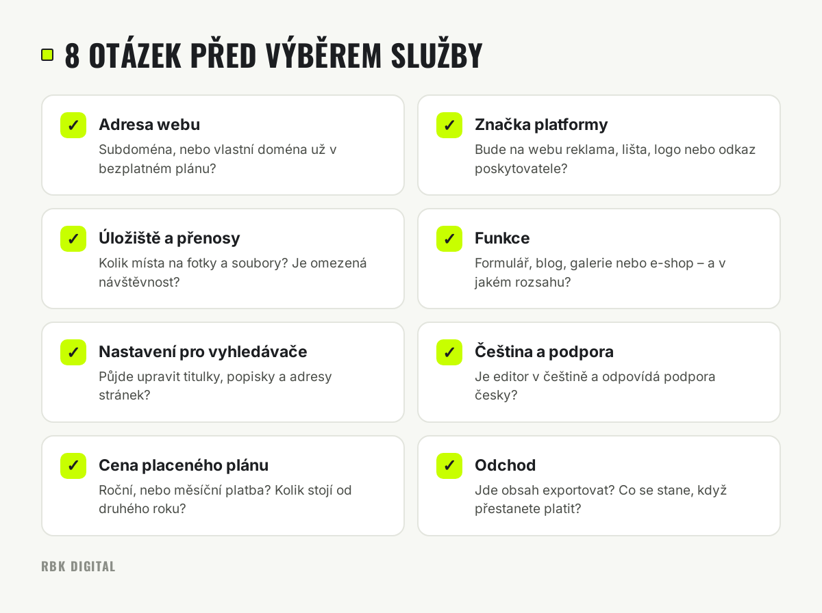 Kontrolní seznam osmi otázek k ceníku a podmínkám služby pro web zdarma.